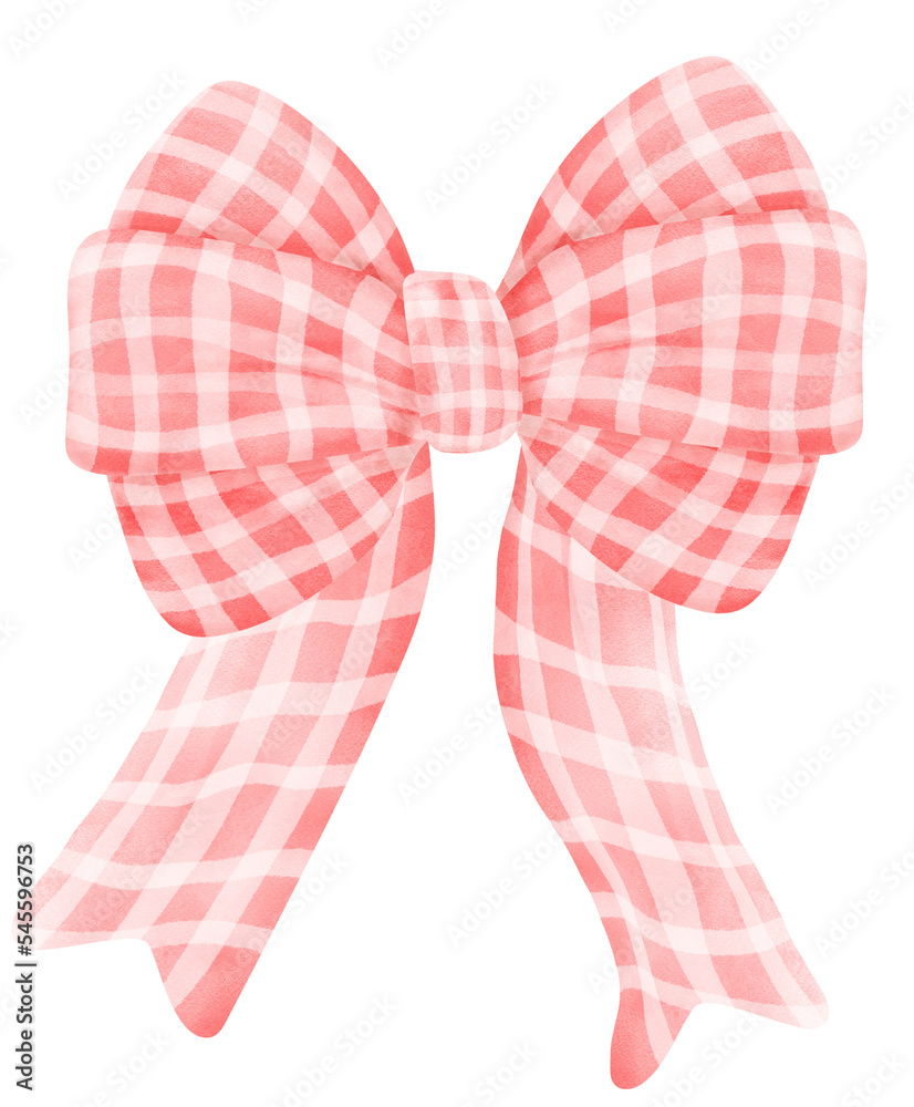 Cute watercolour Christmas pink plaid ribbon bow cartoon doodle hand drawn