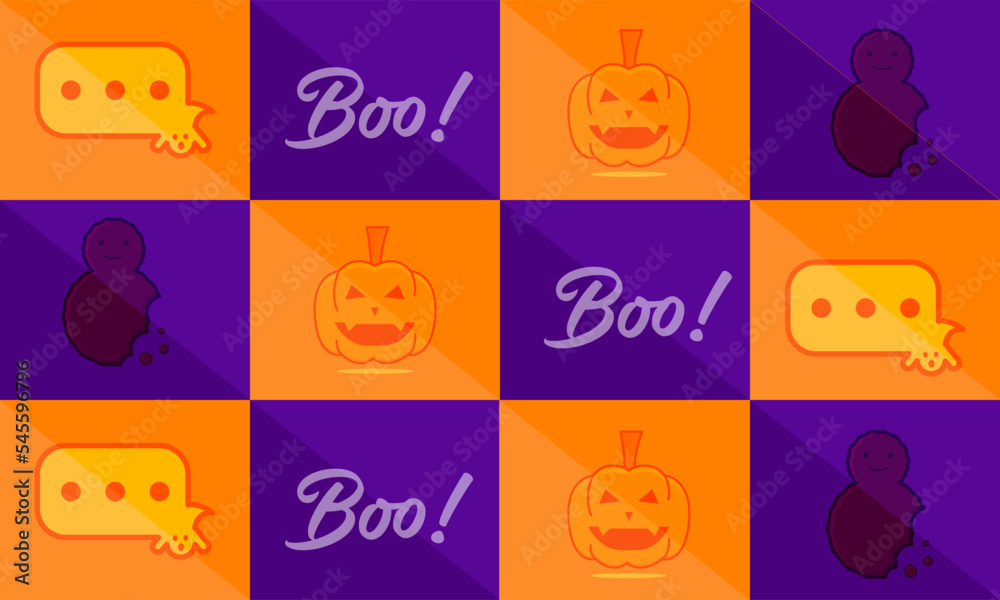 Halloween themed background seamless pattern with pumpkin, boo, ghost bubble chat, cookies. Great for textiles, banners, wallpapers, wrapping. Vector design.