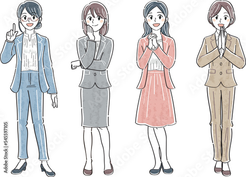 ビジネス女性　表情ポーズの全身イラストセット（説明する　考える　憧れ　手を打つ）