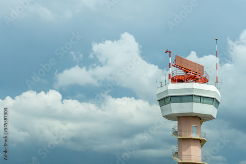 The airport control tower with rain clouds  storm thunder