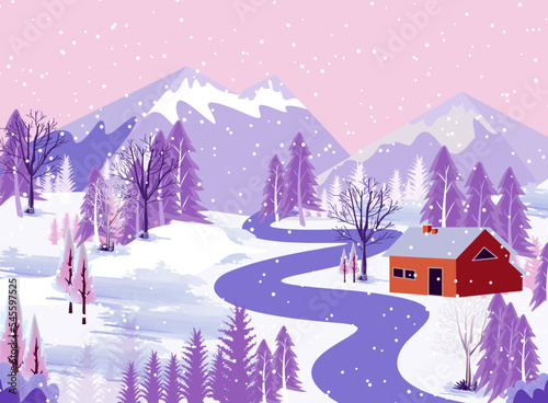 Winter mountains landscape with mountains and trees on vector background with snowflakes falling from the sky. Cartoon winter scenery of cold weather and village forest, snowy hills and fields