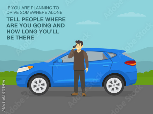 Safe car driving tips and traffic regulation rules. Young male driver talking on the phone on the country road. Tell people where are you going and how long you'll be there. Flat vector illustration.