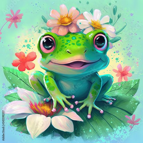 Adorable Baby Frog with Flowers Watercolor Illustration