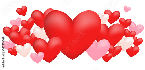 Background design for Valentine's Day with many realistic hearts. Love themed illustration with red, pink, and white hearts on transparent background.