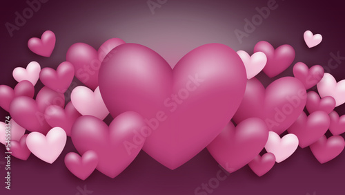 Background design for Valentine's Day with many realistic hearts. Love themed illustration with dark and light pink hearts on dark background.