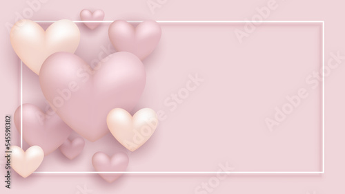 Background design for Valentine's Day with realistic muted pastel pink and white hearts and rectangle frame.