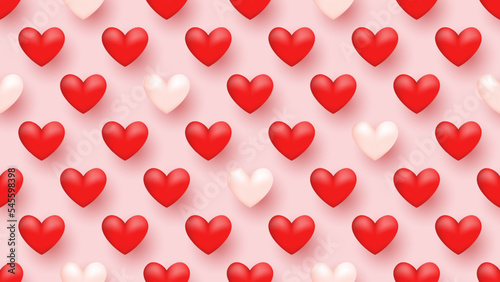Seamless background with many realistic red and white hearts on light pink background.