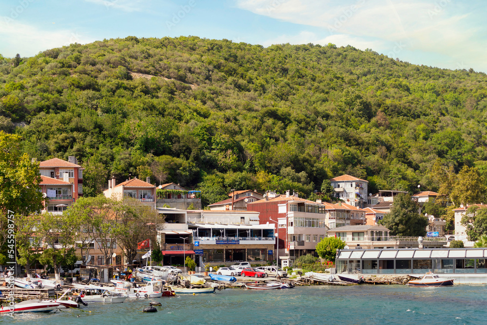 View from Bosphorus strait of the green mountains of the Europian side, with docked boats, traditional houses and dense trees in a summer day, Istanbul, Turkey