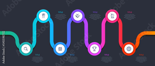 Winding horizontal rainbow road. Business process 7 steps.