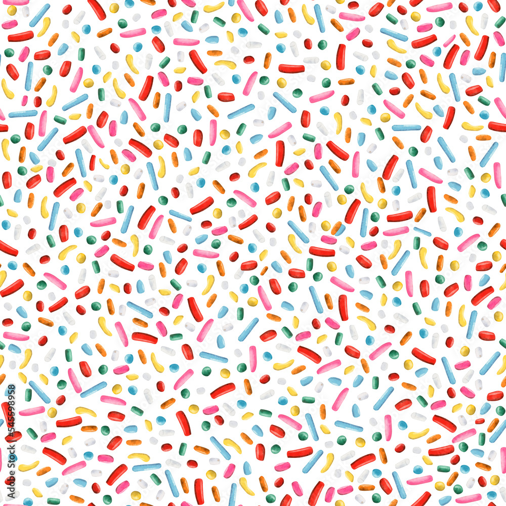 Hand drawn watercolor seamless pattern with many colorful sprinkles isolated on white. Bright multicolor background for bakery,fabrics, party decor