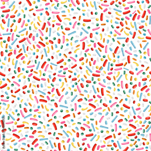 Hand drawn watercolor seamless pattern with many colorful sprinkles isolated on white. Bright multicolor background for bakery fabrics  party decor
