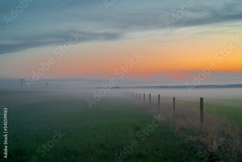 sunset over misty field