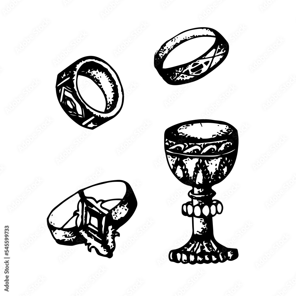Engraved vector illustration. Black and white vintage art. Hand drawn ink sketch of antique chalice and bronze rings for royal ceremonies. Symbol of kings and nobility. Sketch for tattoo, fairy tales,