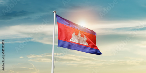 Cambodia national flag cloth fabric waving on the sky - Image