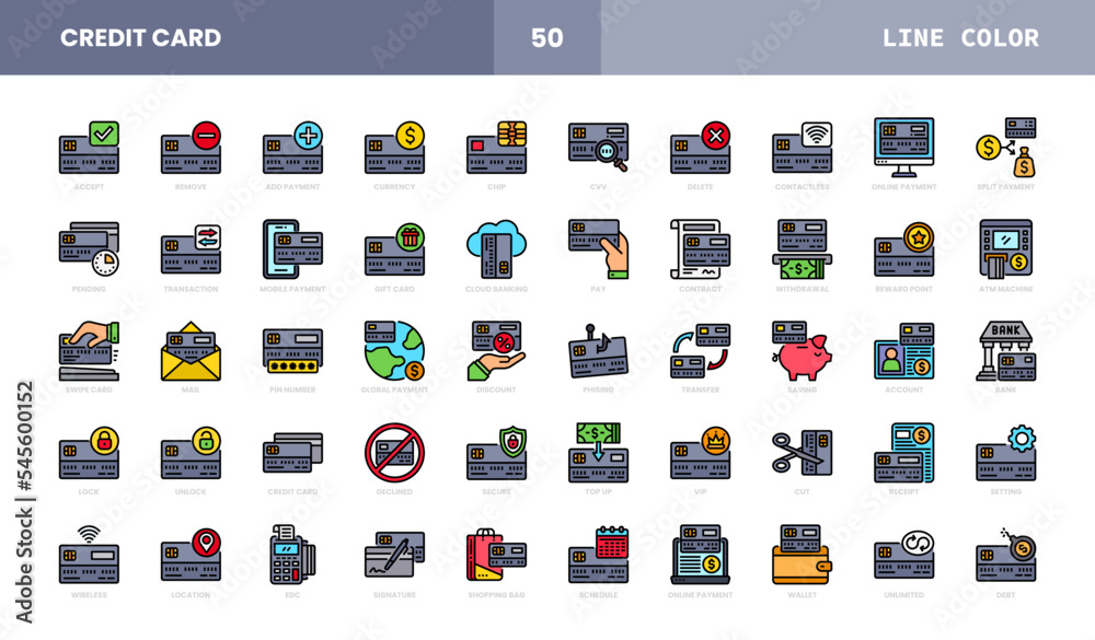 Set of Credit Card Vector Filled Line Icons. Consist Icons as Deposit or Withdraw Funds, Money Transfer, Payment, Contactless and more. Set of Credit Card Vector Filled Line Icons. Consist Icons as Deposit or Withdraw Funds, Money Transfer, Payment, Contactless and more.