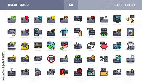 Set of Credit Card Vector Filled Line Icons. Consist Icons as Deposit or Withdraw Funds, Money Transfer, Payment, Contactless and more.