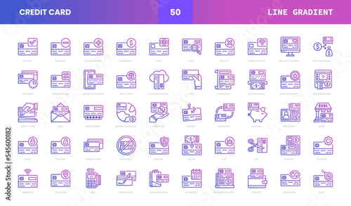 Set of Credit Card Vector Line Gradient Icons. Consist Icons as Deposit or Withdraw Funds, Money Transfer, Payment, Contactless and more.