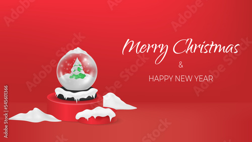 Red background Happy New Year. Merry Christmas ball with green pine tree covered snow, on round cylinder studio podium, realistic 3d mockup. Holidays decorations glass globe. Vector illustration