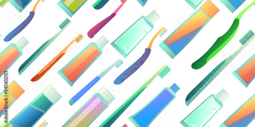 Tubes of toothpaste and toothbrushes items seamless pattern. Cartoon style. Items for dental and oral care. Isolated on white background. Vector.