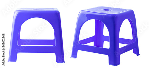 Two blue plastic chairs isolated on white background.