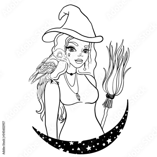 Witch with a broom, and raven on her shoulder on a crescent moon - Vector outline of a pretty young witch woman with a raven on a shoulder and amulet necklaces. Witchcraft, magic, occult, wizardry.