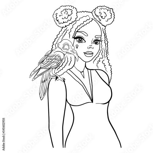 African american Girl with a raven on her shoulder - Vector outline of a pretty young witch woman with a raven on a shoulder and amulet necklace. Witchcraft, magic, occult, wizardry.Coloring page