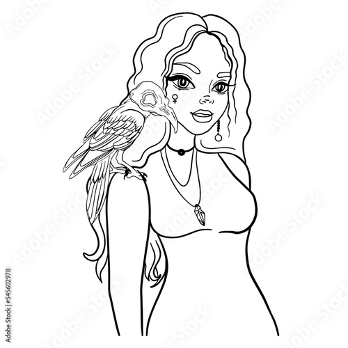 Girl with a raven on her shoulder - Vector outline of a pretty young witch woman with a raven on a shoulder and amulet necklaces. Witchcraft, magic, occult, wizardry,Coloring page