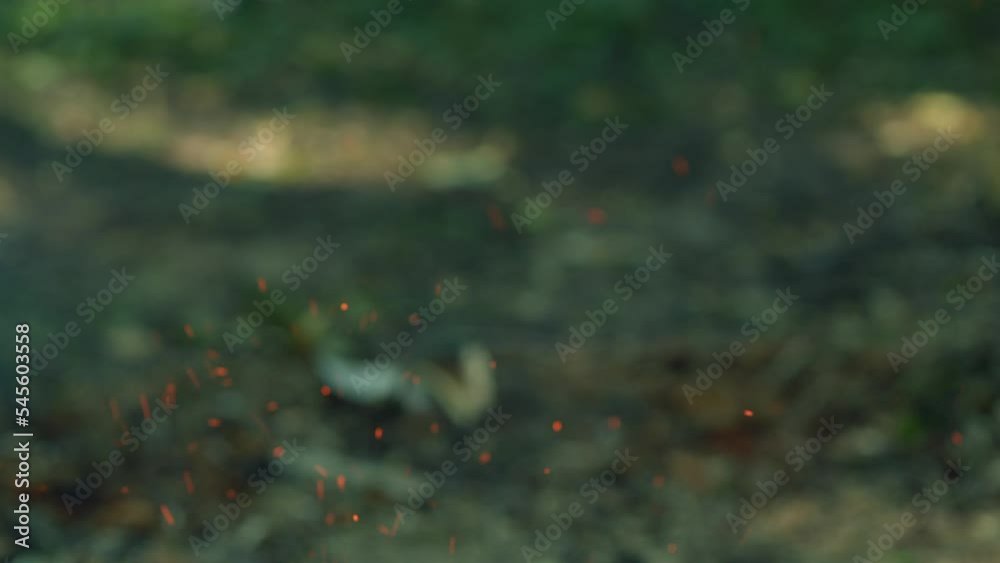 Glowing embers in air. Sparks from fire and bonfire on a blured bokeh background. Slow motion. Glowing embers in air. Sparks from fire and bonfire on a blured bokeh background. Slow motion.