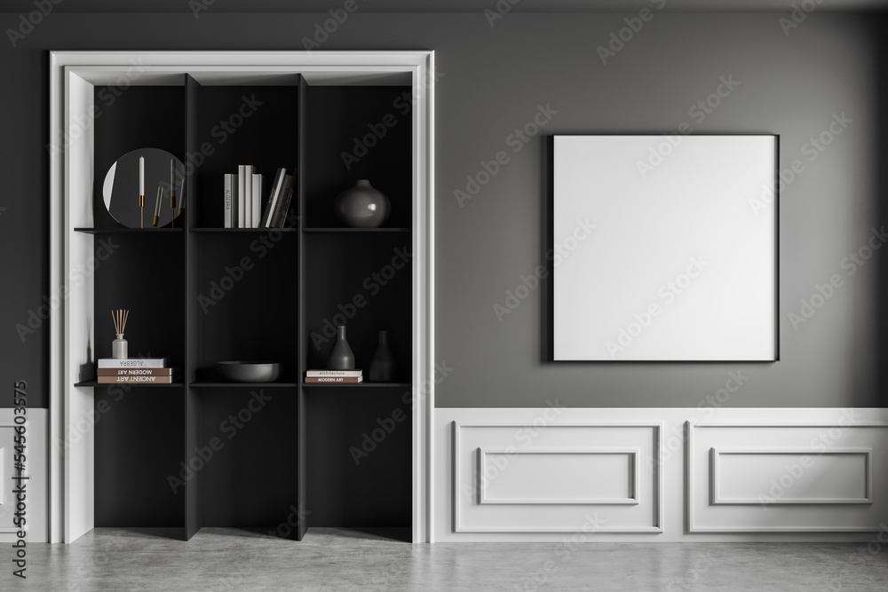 Grey gallery room interior with shelf and art decoration, mockup frame Grey gallery room interior with shelf and art decoration, mockup frame