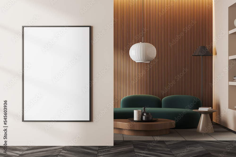 Fototapeta premium Bright living room interior with empty white poster, sofa