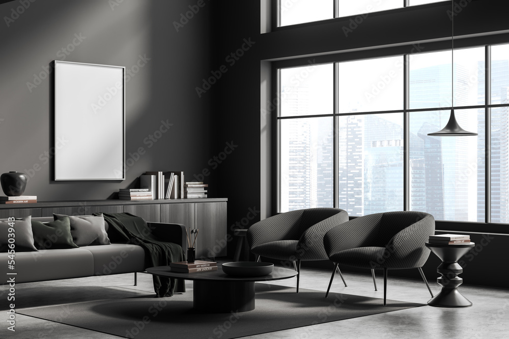 Obraz premium Grey meeting interior with couch and armchairs, window and mockup frame