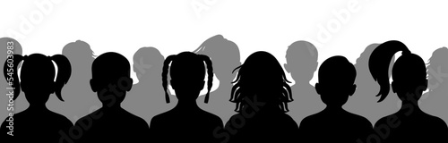 Children spectators, silhouette of boys and girls sitting in row. Vector illustration