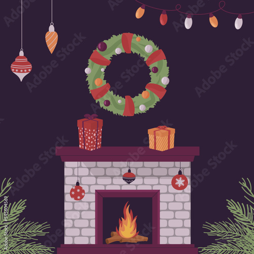 merry christmas card design with fireplace and decorations