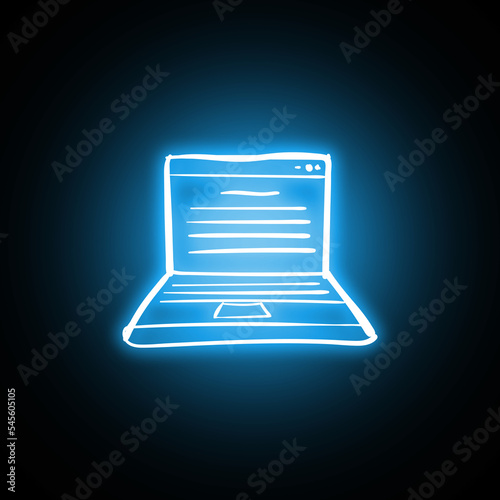 Hand drawn notebook or laptop icon in hologram and neon style with glow
