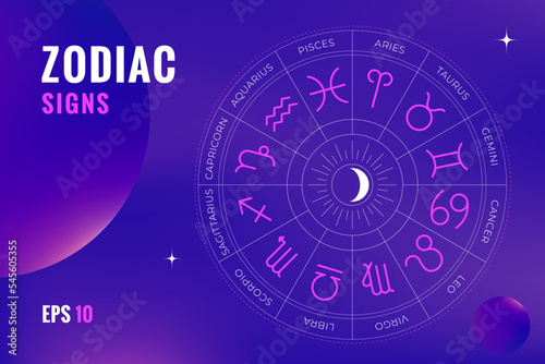 Universal zodiac wheel calendar vector graphics astrology set. A simple geometric representation of the zodiac signs and constellations for a horoscope with titles, line art on a space background