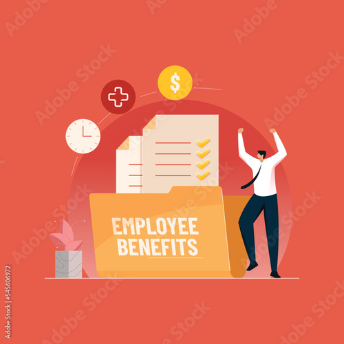 Happy Employee Standing with Employee Benefits Document Folder Illustration Concept