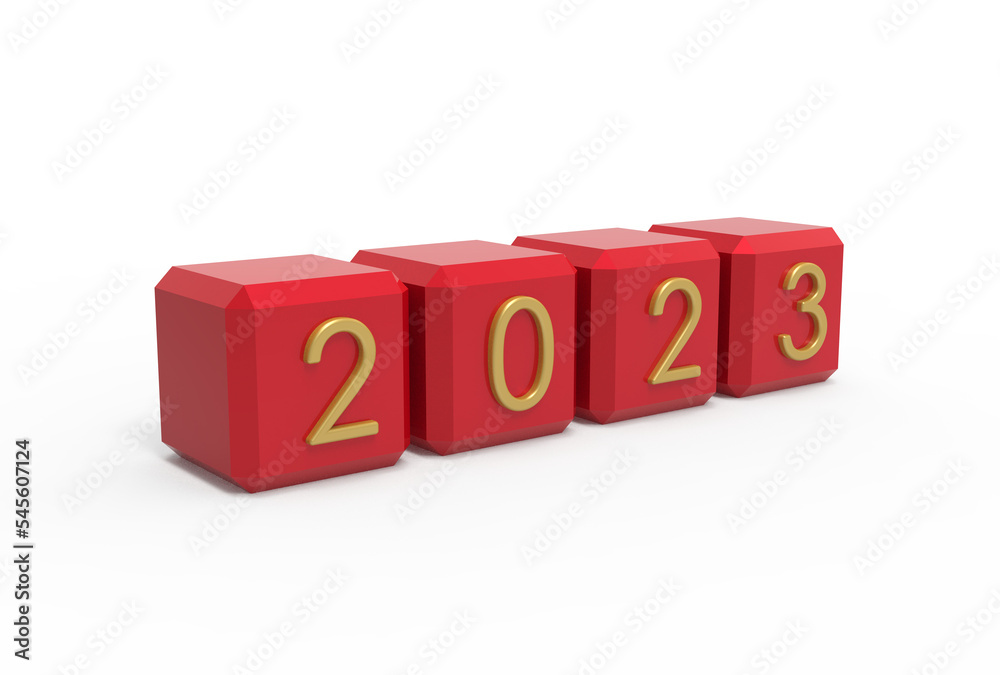 3d render red cubes New Year 2023 on a white background. Stock image.