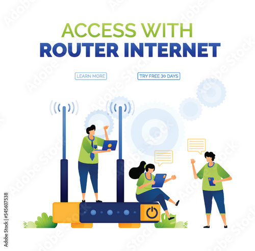 illustration of people accessing the internet with routers and communicating with each other. illustration of activities for internet service providers. can use for ad, poster, campaign, website, apps