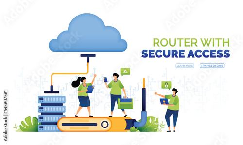 Illustration of people accessing a database network to the cloud to work and communicate with wifi internet access provided with hardware router technology. can use for ad, poster, campaign, apps