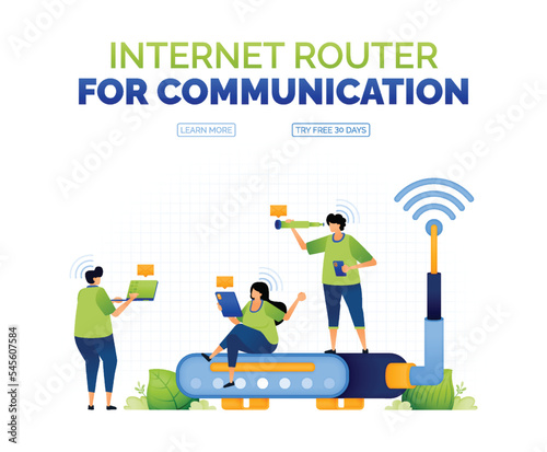 illustration of people sending email to communicate with wifi internet access on a router service network. cheap and easy internet access service for everyone. can use for ad, poster, campaign, apps
