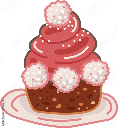 Cupcake with pink cream and snowballs on white background.