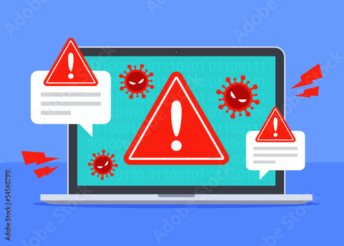  Computer virus attack on laptop. System security threat warning alert. Cybercrime, vulnerability, or antivirus concept. Malware or ransomware. Flat cartoon icon vector design. Technology illustration
