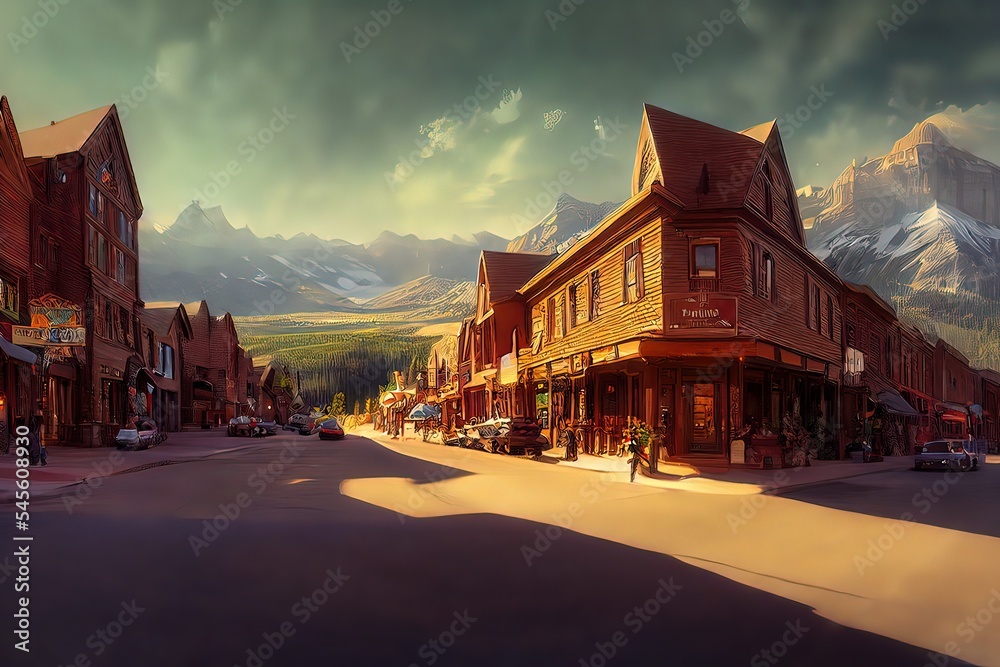 Fantasy concept showing a Telluride, USA. Small town village in