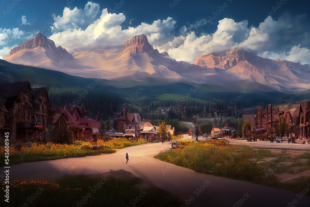 Fantasy concept showing a Telluride, USA. Small town village in