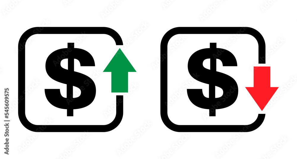 Set of cost symbol dollar increase and decrease icon. Money vector symbol isolated on background Set of cost symbol dollar increase and decrease icon. Money vector symbol isolated on background