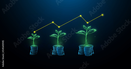 Plants on Coin stacks. Saving, Investment concept. 3D low polygon and Wireframe model design. Vector illustration