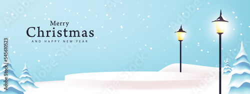 Merry Christmas banner winter landscape background and snow product display cylindrical shape