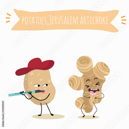 Vector illustration of funny cartoon character potato playing flute, Jerusalem artichoke having fun, ingredients, kids t-shirt design.