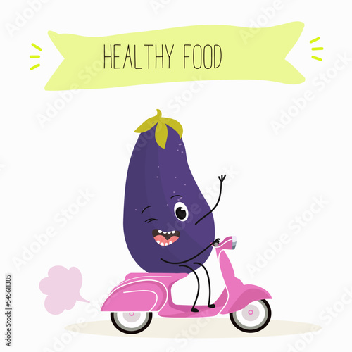 Vector illustration of funny cartoon character eggplant riding a scooter, ingredients, kids t-shirt design.