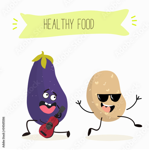 Vector illustration of funny cartoon character potato having fun, eggplant playing guitar, ukulele, ingredients, kids t-shirt design.